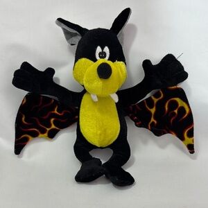B J Toy Co Halloween 11" Black Yellow Vampire Fanged Bat Plush Flame Wings 2011